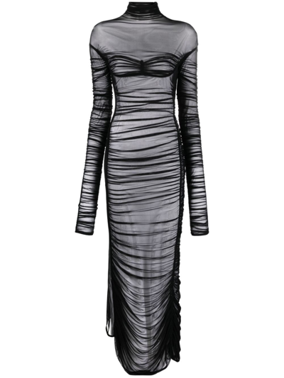 Mugler Black Ruched Sheer Maxi Dress