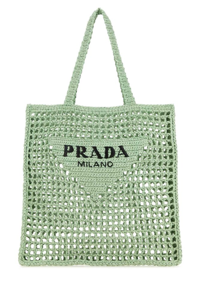 Prada Logo Embroidered Woven Tote Bag In Green