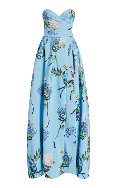 Monique Lhuillier Hydrangea Printed Strapless Silk Gown In Blue