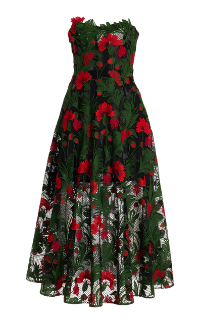 Oscar De La Renta Marbled Guipure Midi Dress In Red/green/black