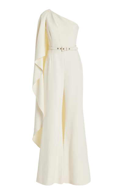 Monique Lhuillier Draped One-shoulder Crepe Jumpsuit In Ivory