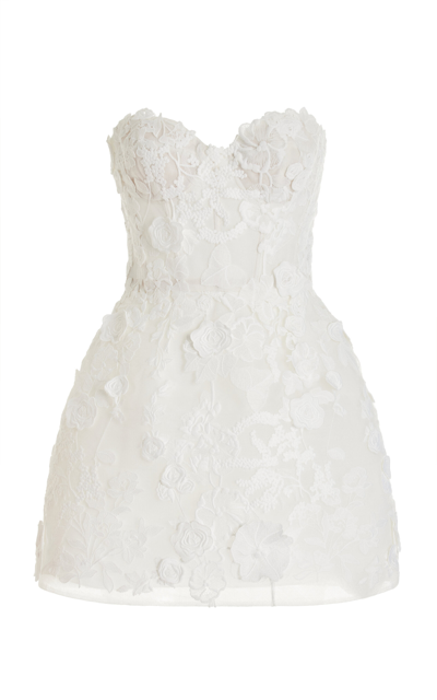 Monique Lhuillier Floral-embroidered Strapless Dress With Structured Skirt In White