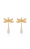 Oscar De La Renta Double Wing Dragonfly Pewter And Pearl Earrings In Gold