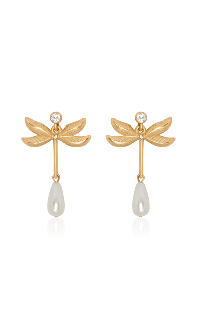 Oscar De La Renta Double Wing Dragonfly Pewter And Pearl Earrings In Gold