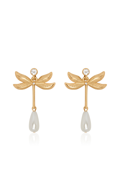 OSCAR DE LA RENTA DOUBLE WING DRAGONFLY PEWTER AND PEARL EARRINGS