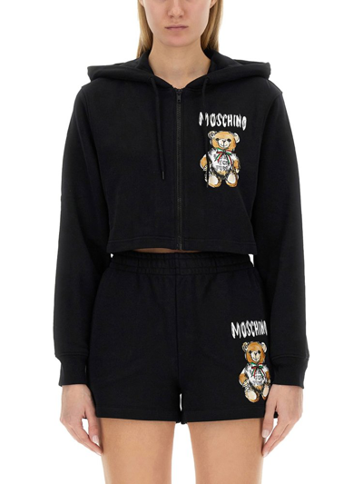 Moschino Teddy Bear Logo Cropped Hoodie In Black