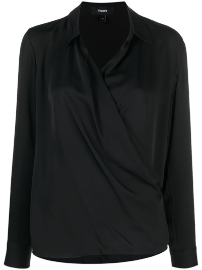 Theory Long Sleeves Wrap Blouse In Black