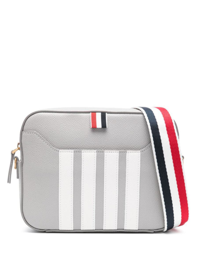 Thom Browne Small Camera Bag With Rwb Strap & 4 Bar Stripes In Pebble Grain Leather Bags In Grey