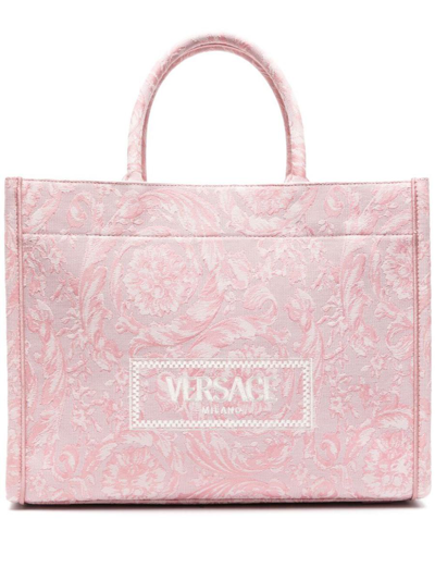 Versace Large Embroidery Jacquard Tote Bags In Pale Pink-english Rose-