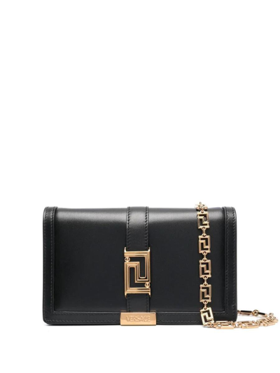 Versace Greca Goddess Leather Wallet On Chain In Black