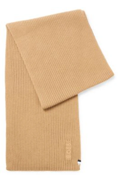 Hugo Boss Ribbed Scarf In A Cotton Blend With Logo Details In Beige