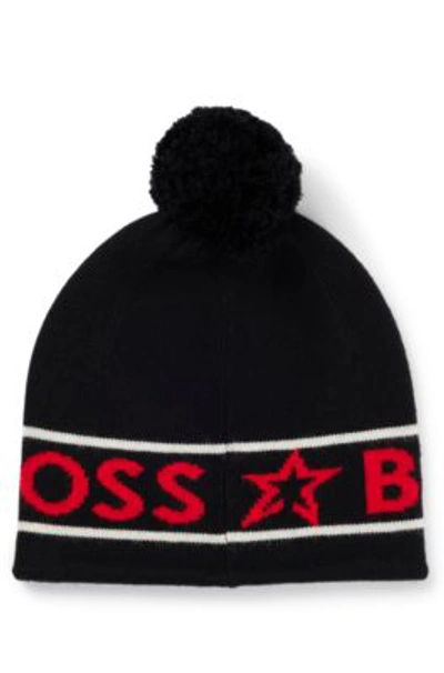 Hugo Boss Boss X Perfect Moment Wool Beanie Hat With Logo Intarsia In Black