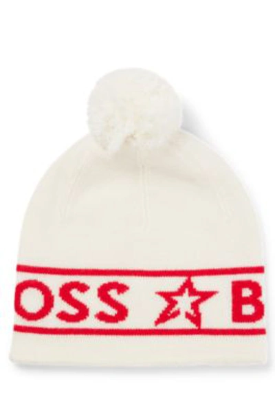 Hugo Boss Boss X Perfect Moment Wool Beanie Hat With Logo Intarsia In White