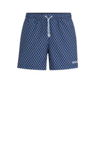 Hugo Boss Micro-print Quick-drying Swim Shorts With Logo Detail In Dark Blue