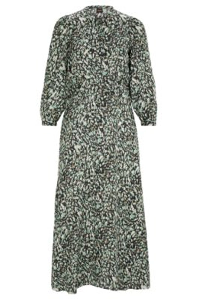 Hugo Boss Long-sleeved Dress In Printed Canvas With Buttoned Placket In Patterned