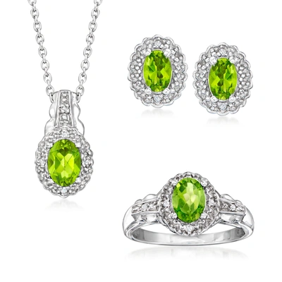 Ross-simons Peridot Jewelry Set With White Topaz Accents: Pendant Necklace, Earrings And Ring In Sterling Silver In Green