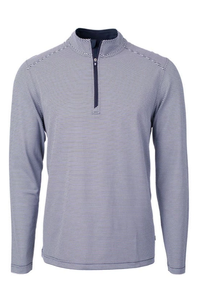 Cutter & Buck Micro Stripe Quarter Zip Recycled Polyester Piqué Pullover In Navy Blue/ White