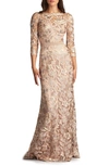 TADASHI SHOJI FLORAL EMBROIDERED BATEAU NECK GOWN