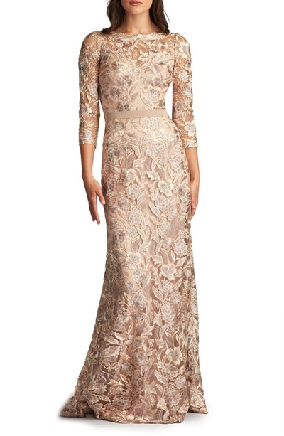 Tadashi Shoji Floral Embroidered Bateau Neck Gown In Pebble