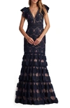 Tadashi Shoji Flutter Sleeve Tiered Plunge Neck Gown In Royal Navy