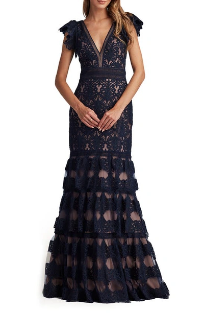 Tadashi Shoji Flutter Sleeve Tiered Plunge Neck Gown In Royal Navy