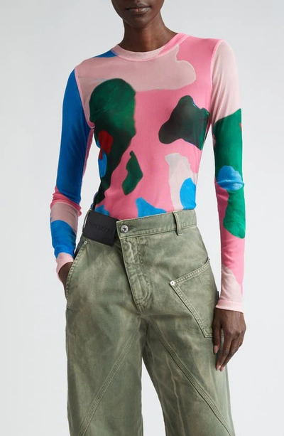 Jw Anderson Abstract-print Long-sleeve Mesh Top In Pink