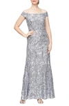 ALEX EVENINGS FLORAL EMBROIDERED SEQUIN OFF THE SHOULDER GOWN