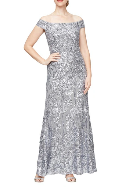 Alex Evenings Floral Embroidered Sequin Off The Shoulder Gown In Silver