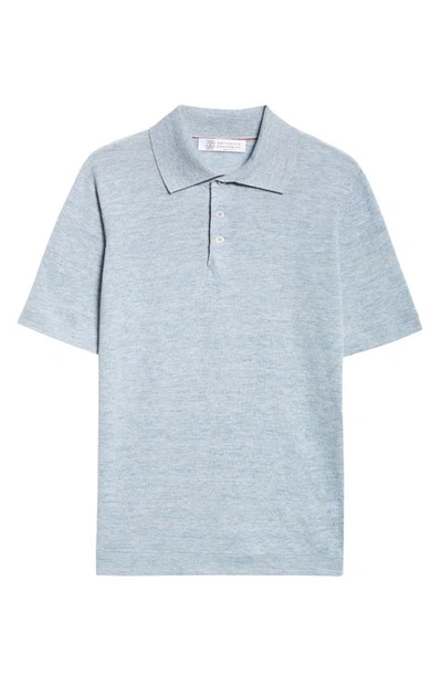 Brunello Cucinelli Linen & Cotton Short Sleeve Polo In Celeste