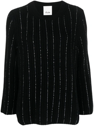 Allude Crystal Embellished Stripe Sweater In Black