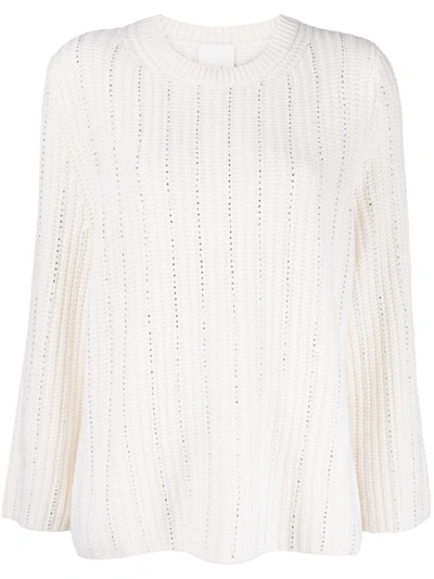 Allude Crystal Embellished Stripe Jumper In White