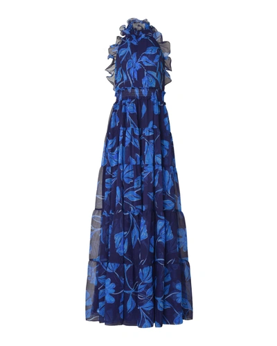 Patbo Nightflower Open-back Floral Chiffon Maxi Dress In Blue