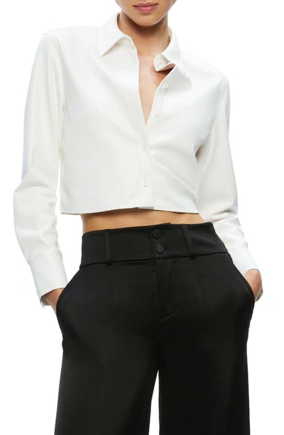 Alice And Olivia Leon Cropped Vegan Leather Button-front Shirt In Off White