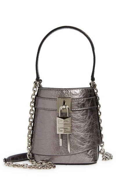 Givenchy Micro Shark Lock Bucket Bag In Crinkled Metallic Leather In Silvery Grey