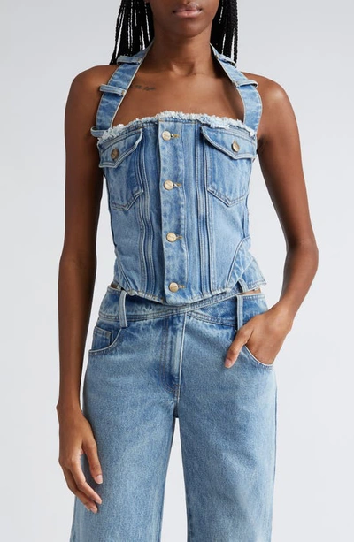 MONSE DECONSTRUCTED HALTER DENIM BUSTIER TOP