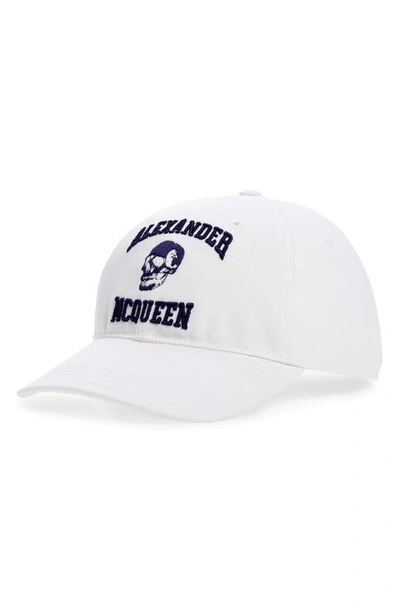 Alexander Mcqueen Varsity Skull Logo Embroidered Baseball Cap In White/ Indigo