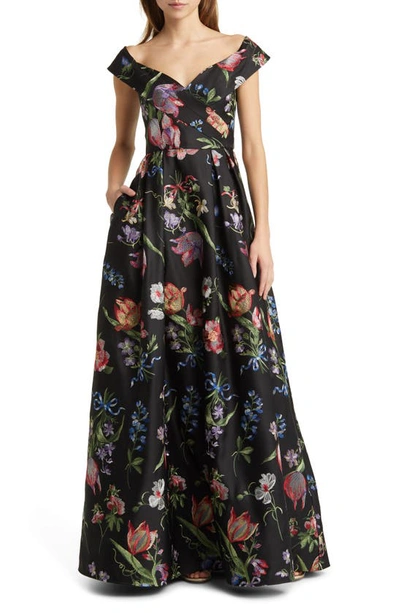 Marchesa Notte Pleated Off-shoulder Floral-embroidered Gown In Black