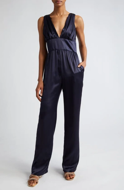 ELEVENTY ELEVENTY PLUNGE NECK SILK CHARMEUSE JUMPSUIT 