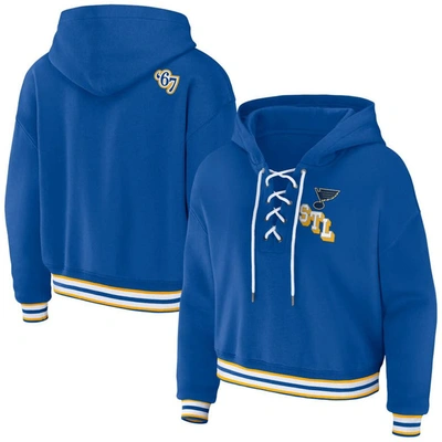 WEAR BY ERIN ANDREWS WEAR BY ERIN ANDREWS BLUE ST. LOUIS BLUES LACE-UP PULLOVER HOODIE