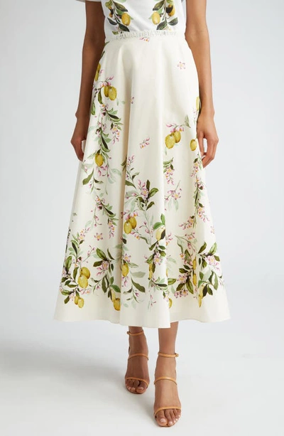 Giambattista Valli Lemon Print Cotton Midi Skirt In Ivory/yellow