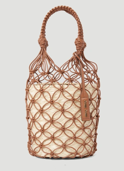 Miu Miu Leather Mesh And Straw Bucket Bag In Natural