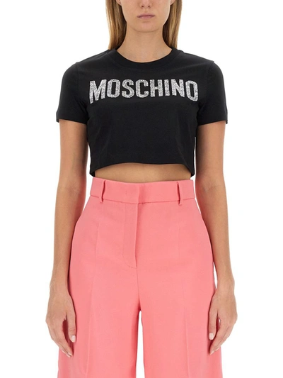 Moschino Logo-embellished Cropped T-shirt In Black