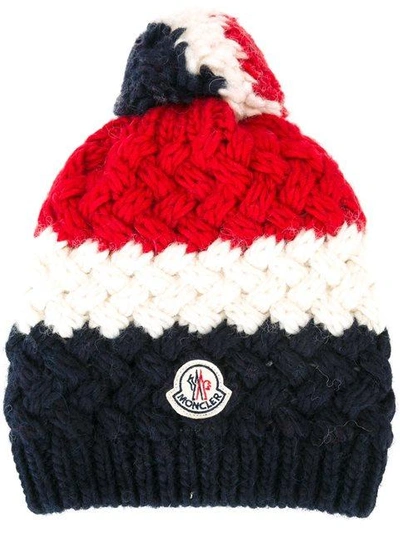 Moncler Men's Tricolor Jumbo Pompom Beanie Hat In Blue