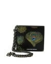 ALEXANDER MCQUEEN PEACOCK FEATHER LEATHER WALLET ON CHAIN, BLACK,PROD201230243