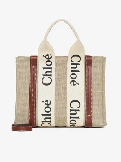 Chloé Woody Mini Linen Tote Bag In Beige,tan