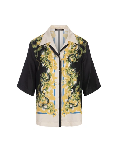 Roberto Cavalli Ivory Bowling Shirt With Snake Print In Black