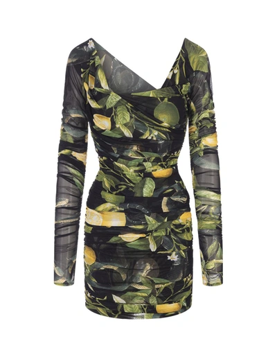 Roberto Cavalli Short Black Stretch Dress With Lemons Print In Multi