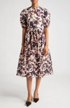 ERDEM FLORAL PRINT PLEATED TAFFETA A-LINE MIDI DRESS