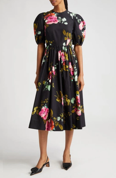 Erdem Floral-print Pleated Midi Dress In Schwarz