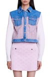 Maje Denim And Tweed Cropped Jacket For Spring/summer In Pink/ecru /